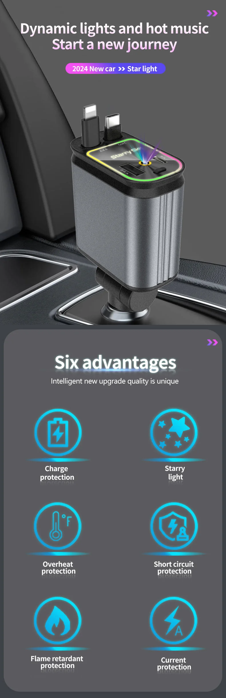 C3 4 in 1 USB A + USB C Car Charger with Retractable Type C + iP Cable Starry Sky Cigarette Lighter Adapter 1