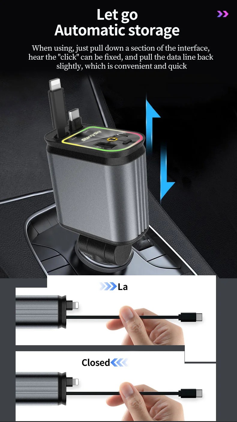 C3 4 in 1 USB A + USB C Car Charger with Retractable Type C + iP Cable Starry Sky Cigarette Lighter Adapter 3