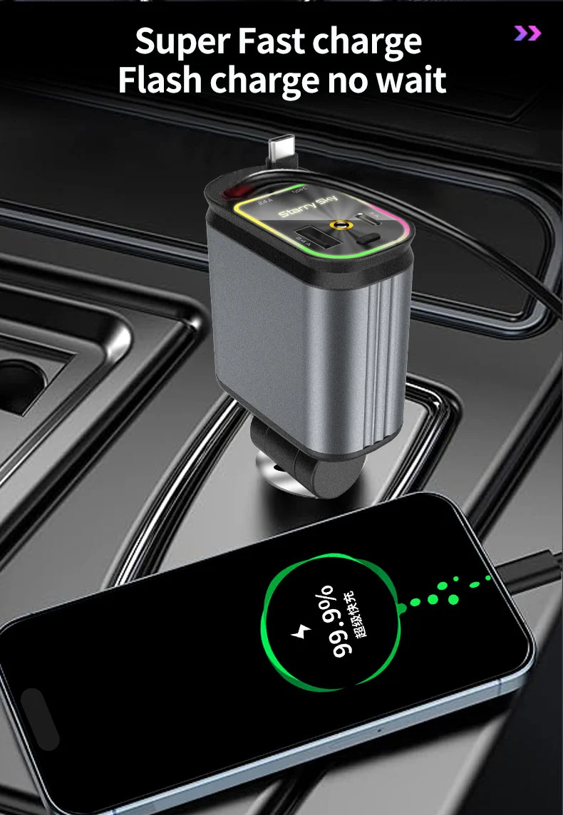 C3 4 in 1 USB A + USB C Car Charger with Retractable Type C + iP Cable Starry Sky Cigarette Lighter Adapter 5