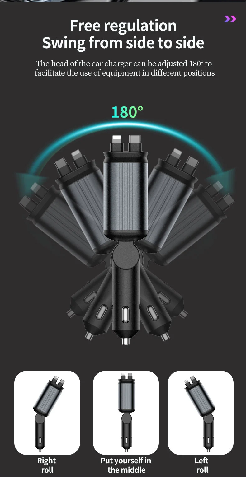 C3 4 in 1 USB A + USB C Car Charger with Retractable Type C + iP Cable Starry Sky Cigarette Lighter Adapter 6