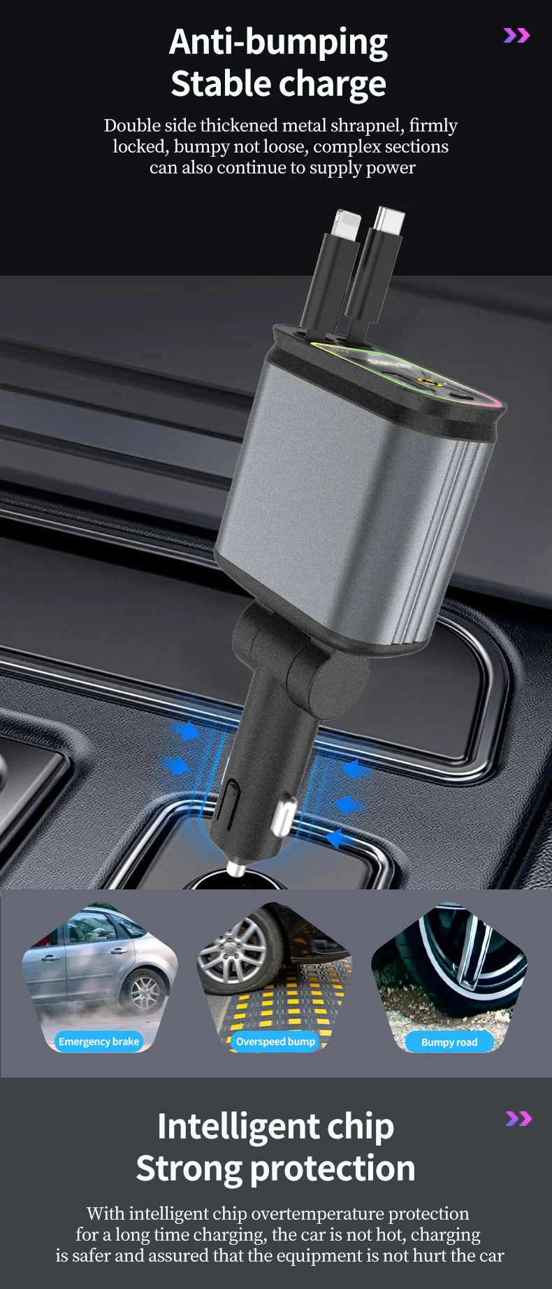 C3 4 in 1 USB A + USB C Car Charger with Retractable Type C + iP Cable Starry Sky Cigarette Lighter Adapter 8