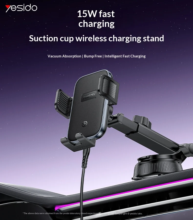 YESIDO C320 15W Wireless Charger Car Suction Cup Mount 360 Degree Rotation Phone Holder Stand for Dashboard - Black 1