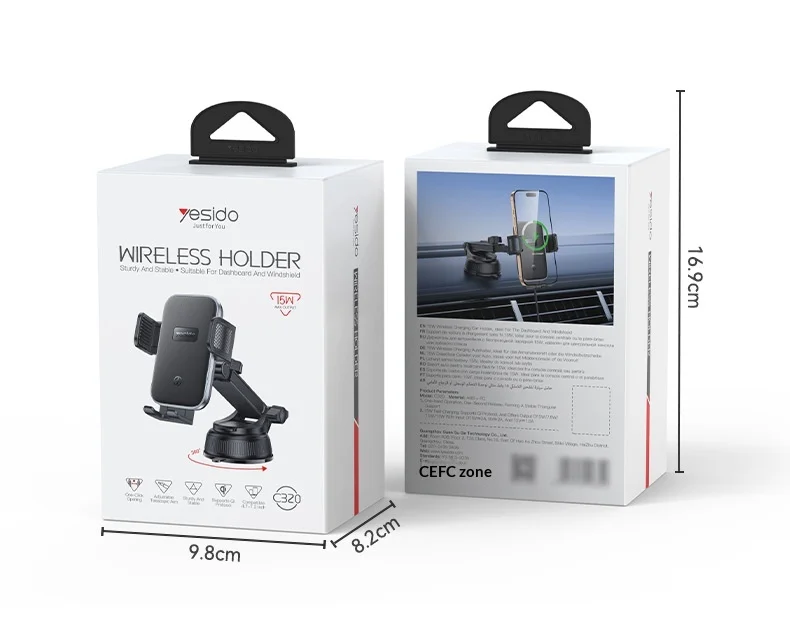 YESIDO C320 15W Wireless Charger Car Suction Cup Mount 360 Degree Rotation Phone Holder Stand for Dashboard - Black 14