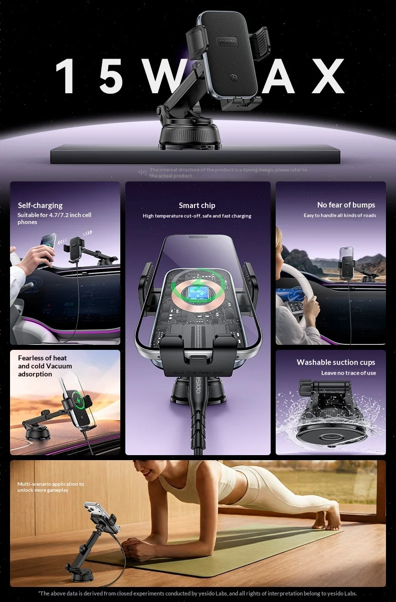 YESIDO C320 15W Wireless Charger Car Suction Cup Mount 360 Degree Rotation Phone Holder Stand for Dashboard - Black 2