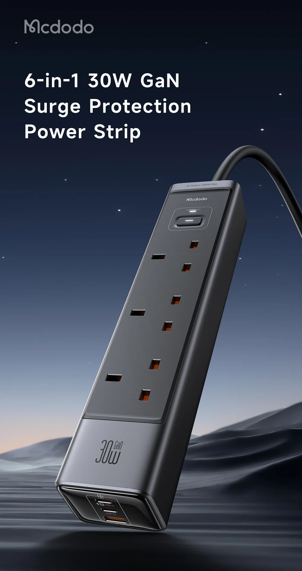 MCDODO CH-060 6-in-1 30W GaN Surge Protection Power Strip with 2 Type-C+USB - UK Plug / Black 1