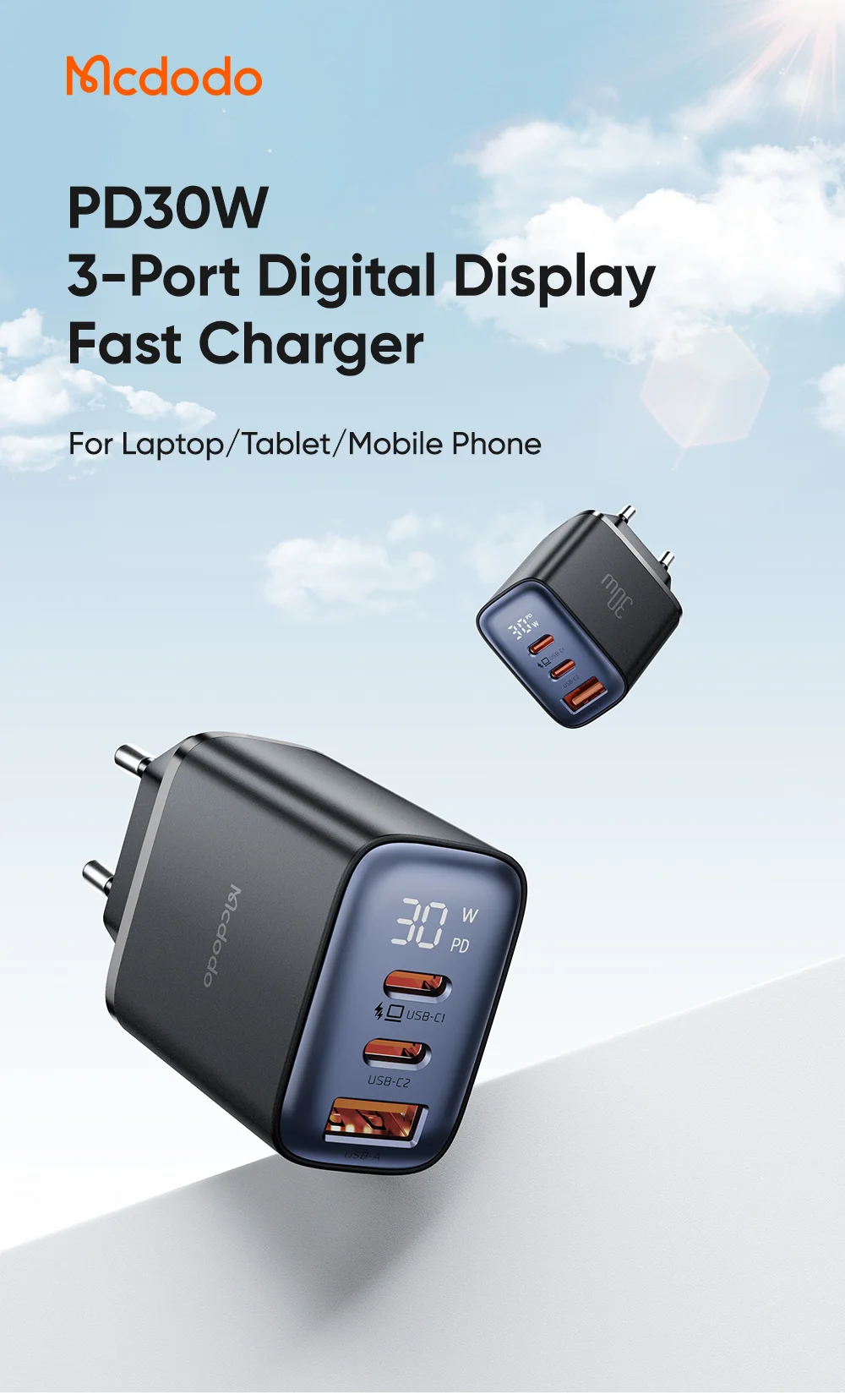 MCDODO CH-2180 30W Dual Type-C+USB-A Wall Charger Digital Display Charging Adapter, EU Plug - Black 1