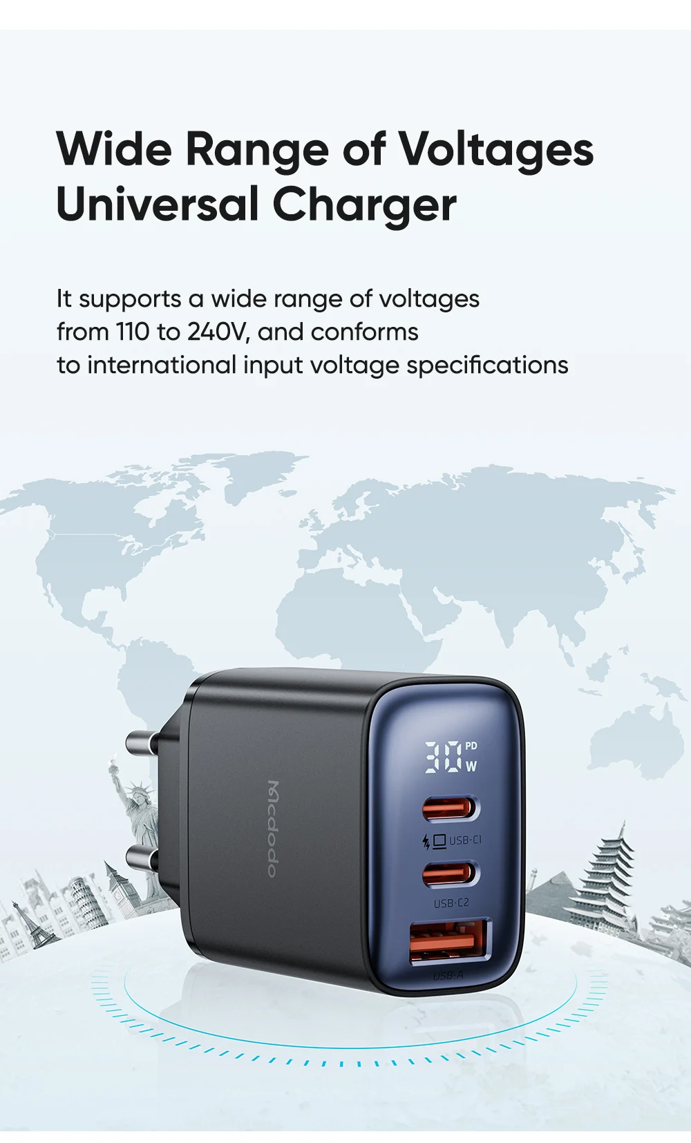 MCDODO CH-2180 30W Dual Type-C+USB-A Wall Charger Digital Display Charging Adapter, EU Plug - Black 10