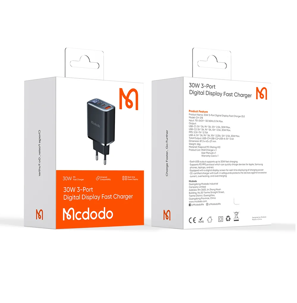MCDODO CH-2180 30W Dual Type-C+USB-A Wall Charger Digital Display Charging Adapter, EU Plug - Black 12
