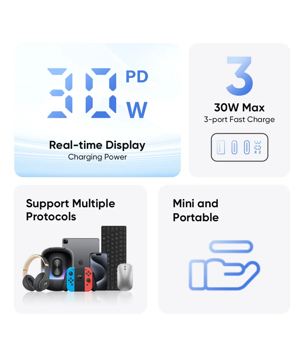 MCDODO CH-2180 30W Dual Type-C+USB-A Wall Charger Digital Display Charging Adapter, EU Plug - Black 2