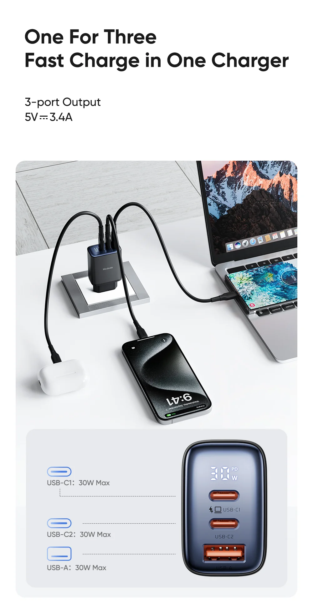 MCDODO CH-2180 30W Dual Type-C+USB-A Wall Charger Digital Display Charging Adapter, EU Plug - Black 3
