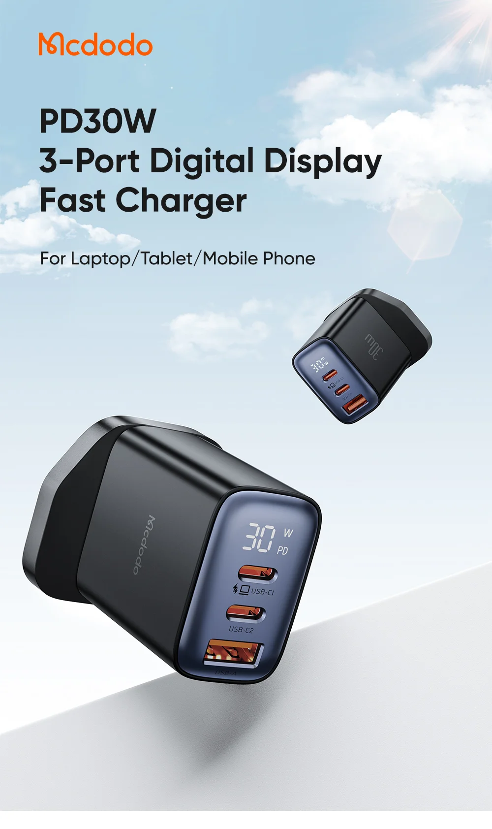 MCDODO CH-2170 30W 3-Port Digital Display Fast Charger (Dual Type-C+USB-A), UK Plug - Black 1