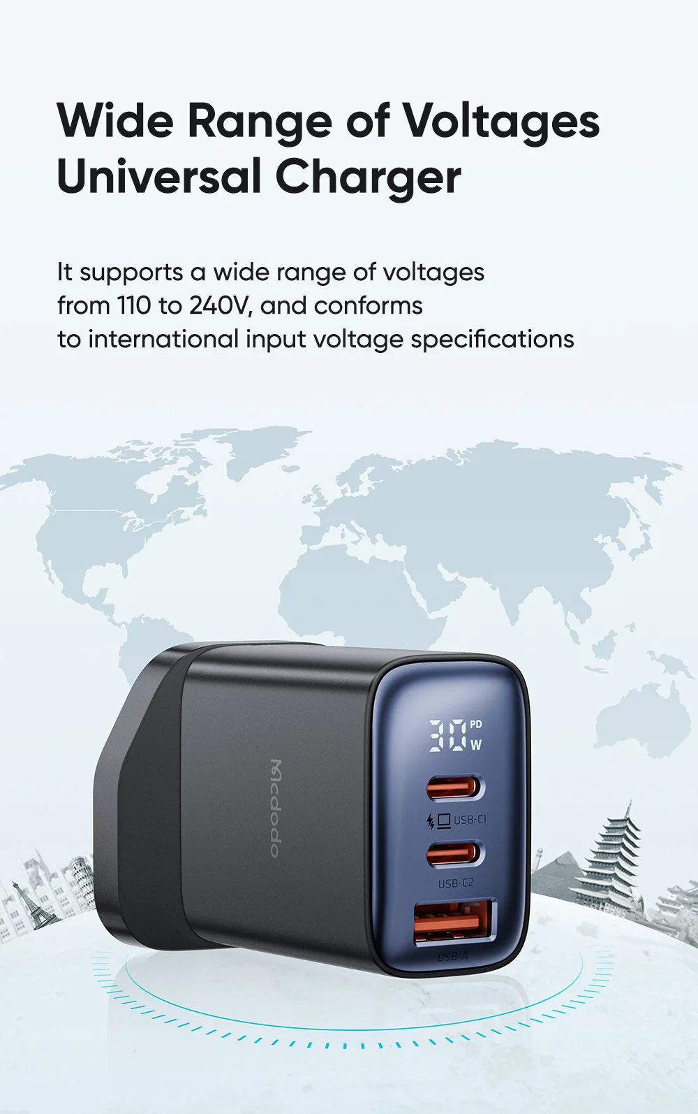 MCDODO CH-2170 30W 3-Port Digital Display Fast Charger (Dual Type-C+USB-A), UK Plug - Black 10