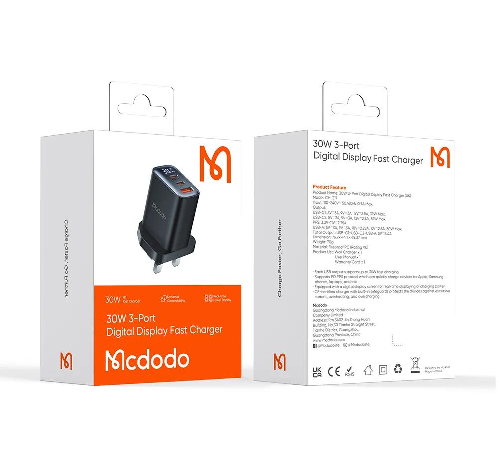 MCDODO CH-2170 30W 3-Port Digital Display Fast Charger (Dual Type-C+USB-A), UK Plug - Black 12