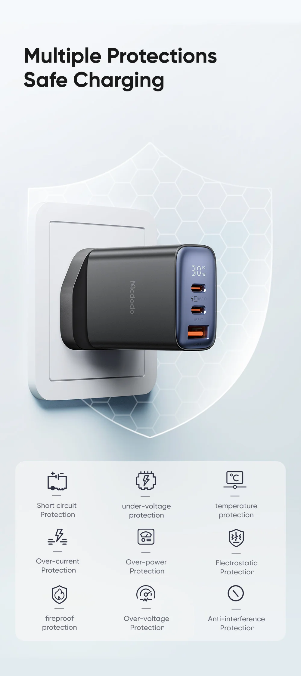 MCDODO CH-2170 30W 3-Port Digital Display Fast Charger (Dual Type-C+USB-A), UK Plug - Black 7