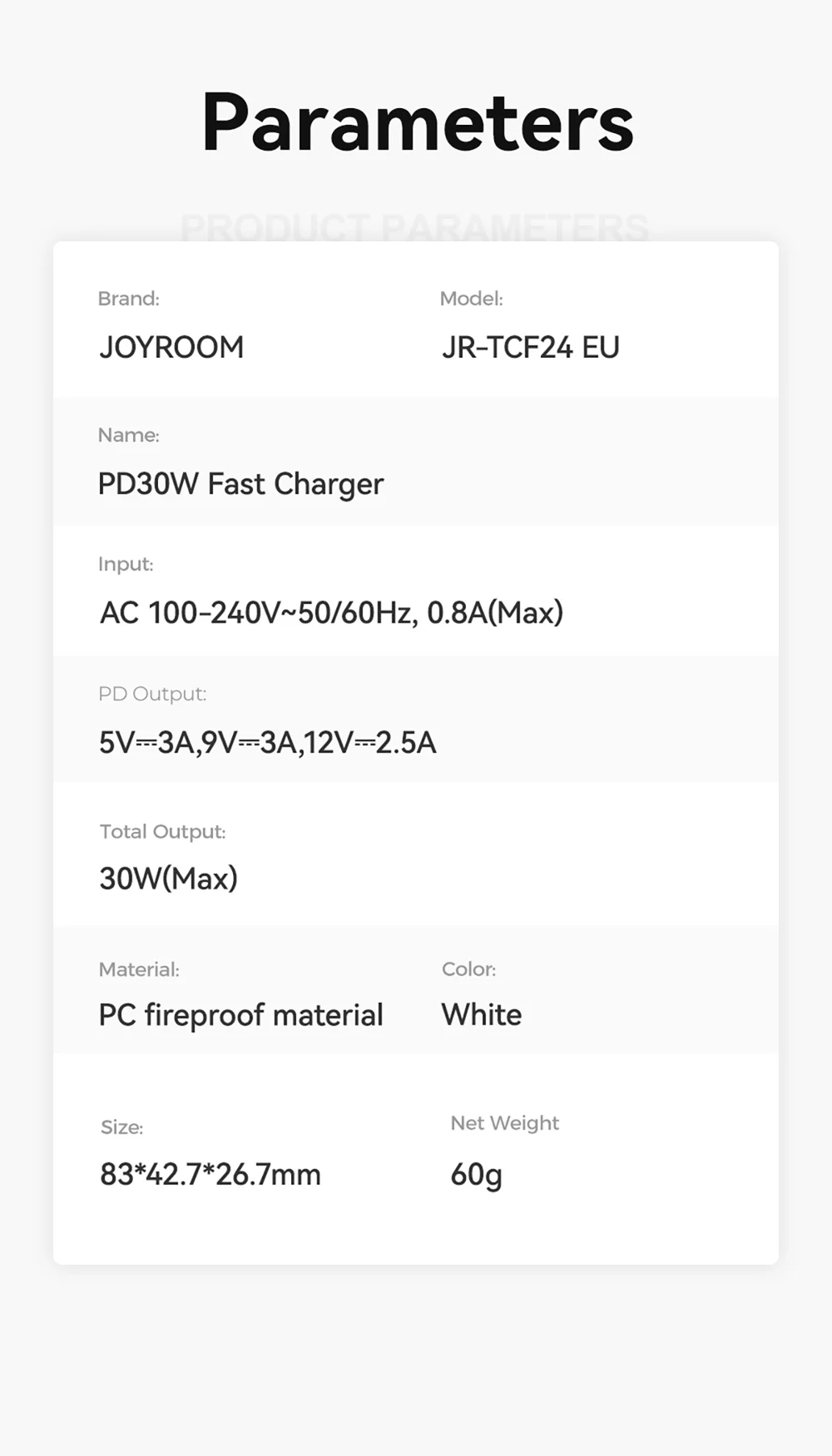 JOYROOM JR-TCF24 PD 30W Fast Charging EU Plug Charger with 1m Type-C to Type-C Data Cable 7