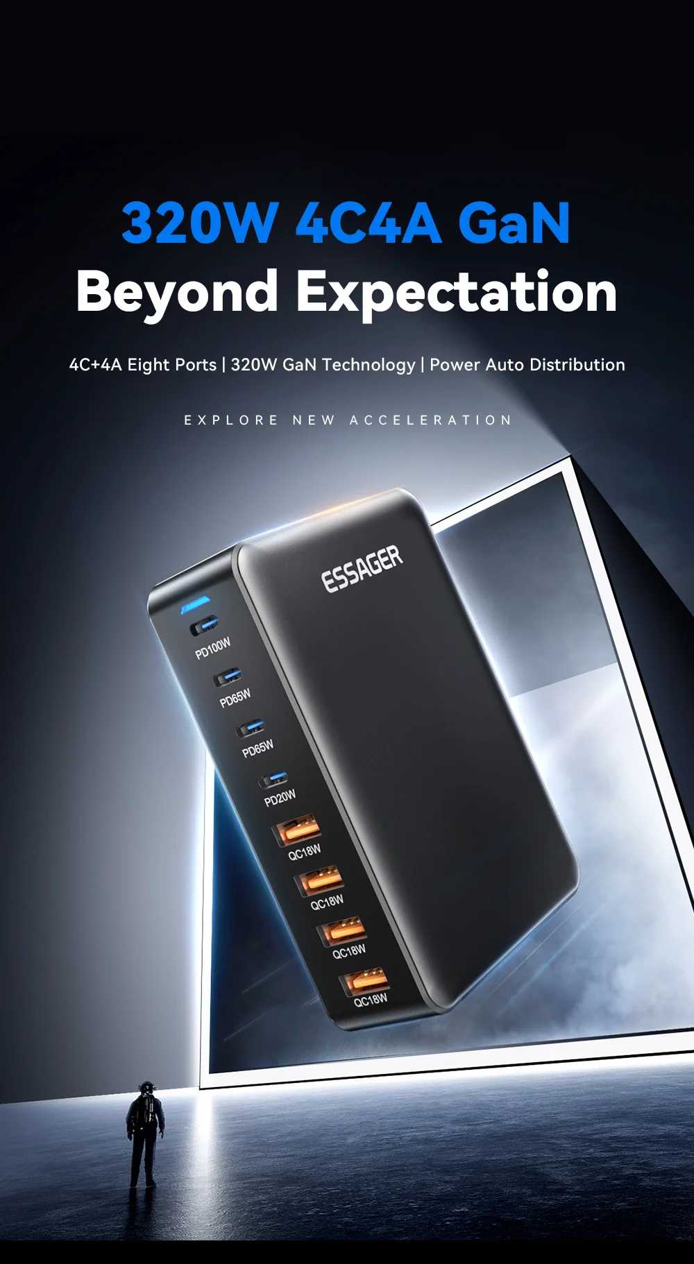 Chargeur de bureau ESSAGER 320 W GaN 4 ports USB + 4 ports Type-C - Prise américaine 1