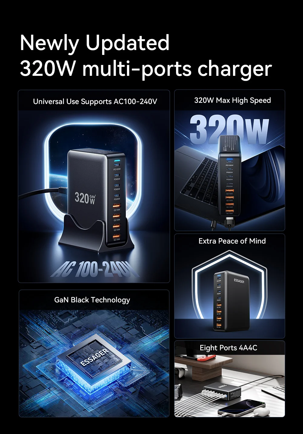 Chargeur de bureau ESSAGER 320 W GaN 4 ports USB + 4 ports Type-C - Prise US 2