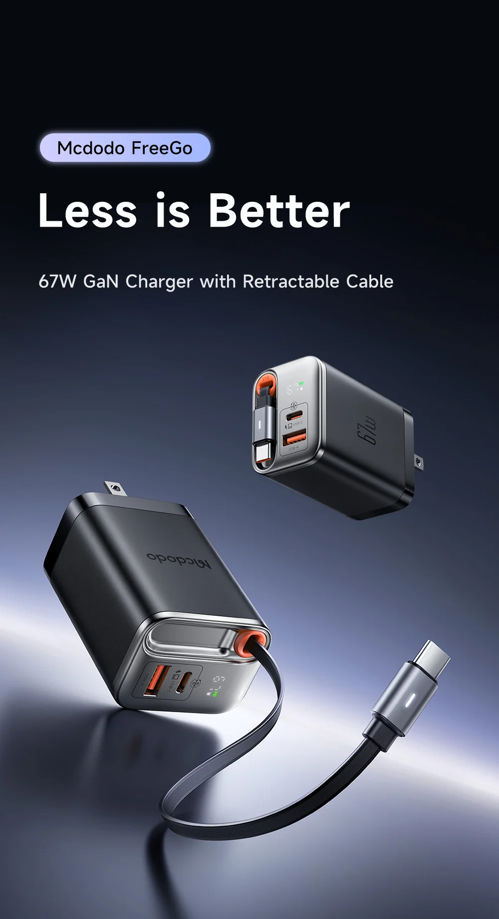 MCDODO CH-4110 Freego Series GaN Charger 67W USB A+C Fast Charging Power Adapter with Retractable Cable - US Plug 1