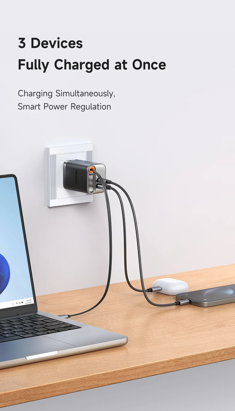 MCDODO CH-4110 Freego Series GaN Charger 67W USB A+C Fast Charging Power Adapter with Retractable Cable - US Plug 11