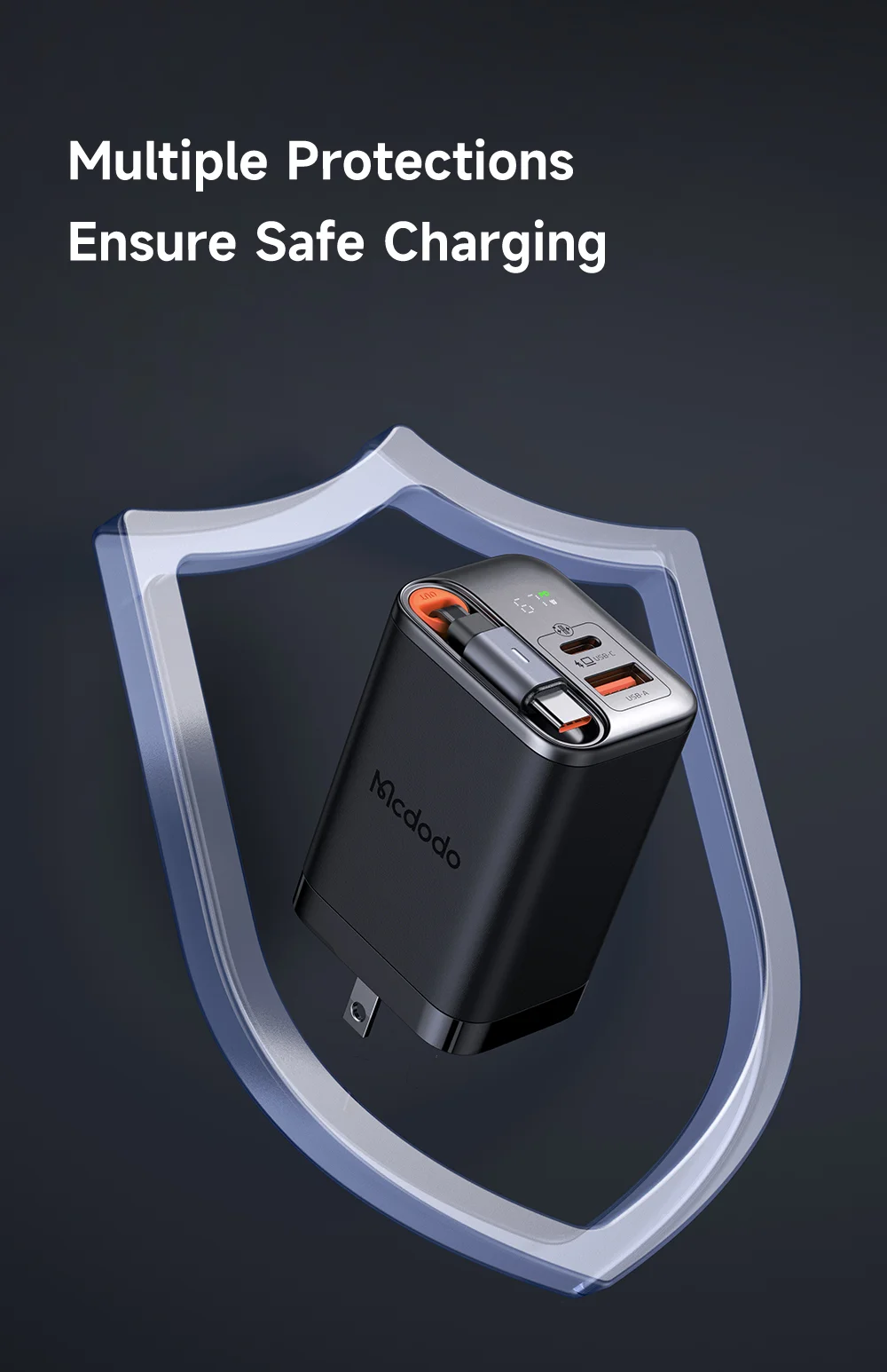 MCDODO CH-4110 Freego Series GaN Charger 67W USB A+C Fast Charging Power Adapter with Retractable Cable - US Plug 14