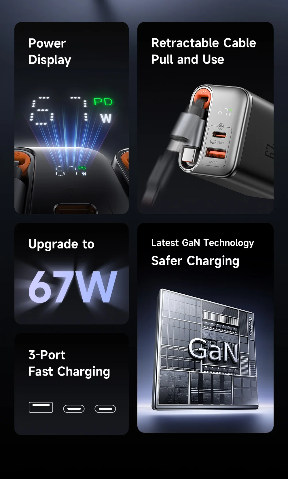 MCDODO CH-4110 Freego Series GaN Charger 67W USB A+C Fast Charging Power Adapter with Retractable Cable - US Plug 2