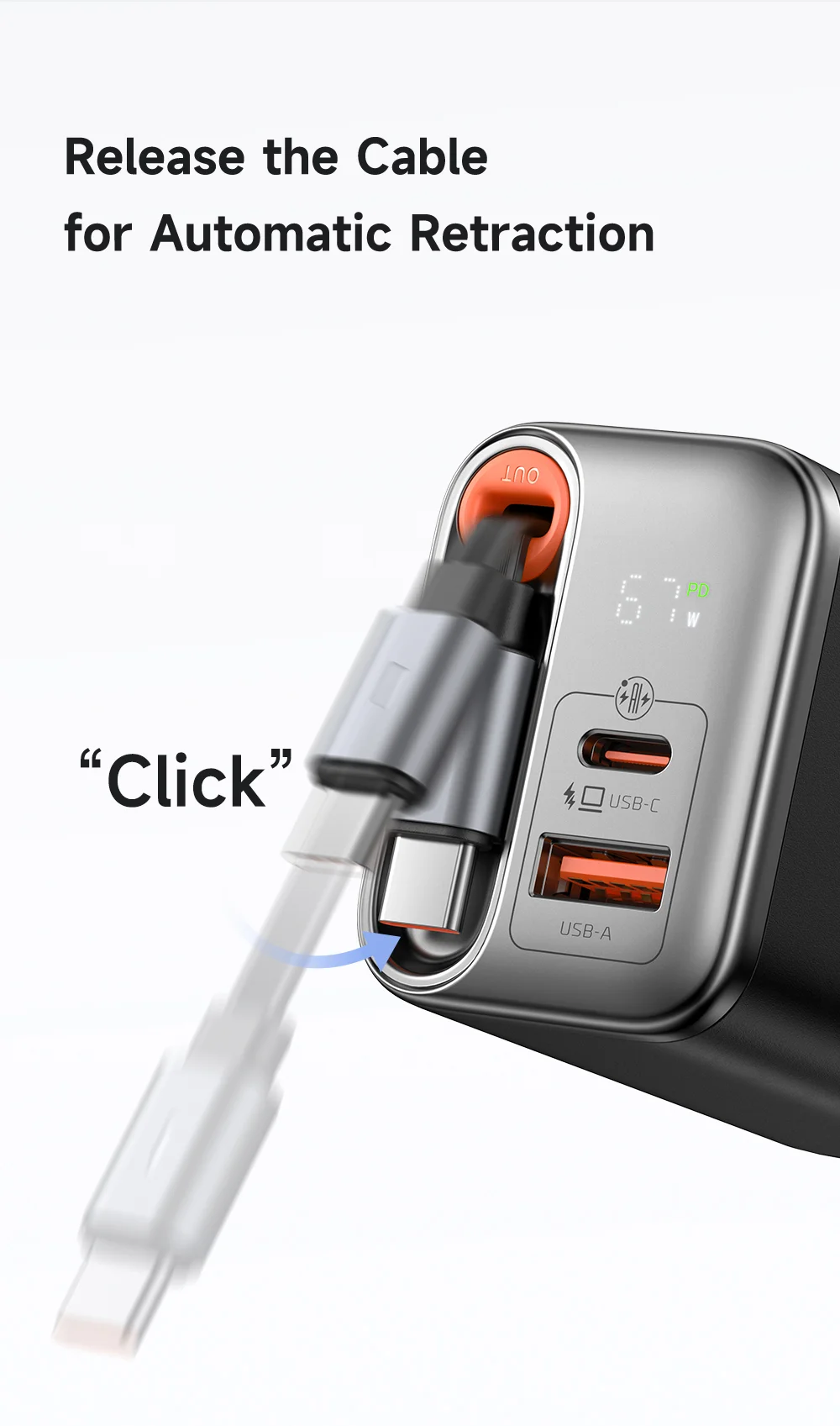 MCDODO CH-4110 Freego Series GaN Charger 67W USB A+C Fast Charging Power Adapter with Retractable Cable - US Plug 7