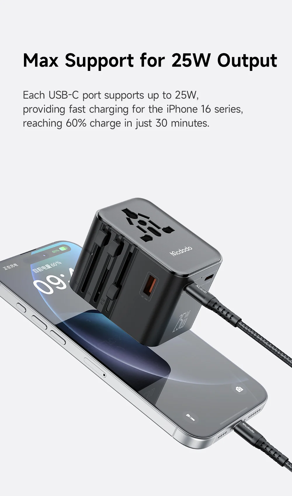 MCDODO CP-3260 MDD G5 Series 25W Dual Type-C + USB-A Universal Travel Charging Adapter Charger with USB-C to USB-C Cable 3
