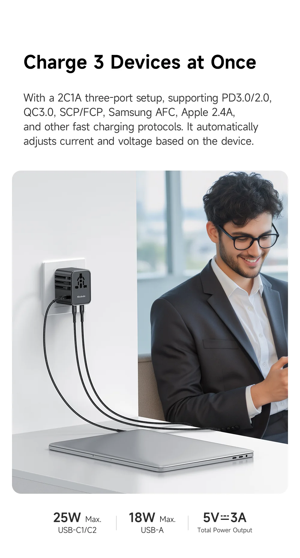 MCDODO CP-3260 MDD G5 Series 25W Dual Type-C + USB-A Universal Travel Charging Adapter Charger with USB-C to USB-C Cable 4