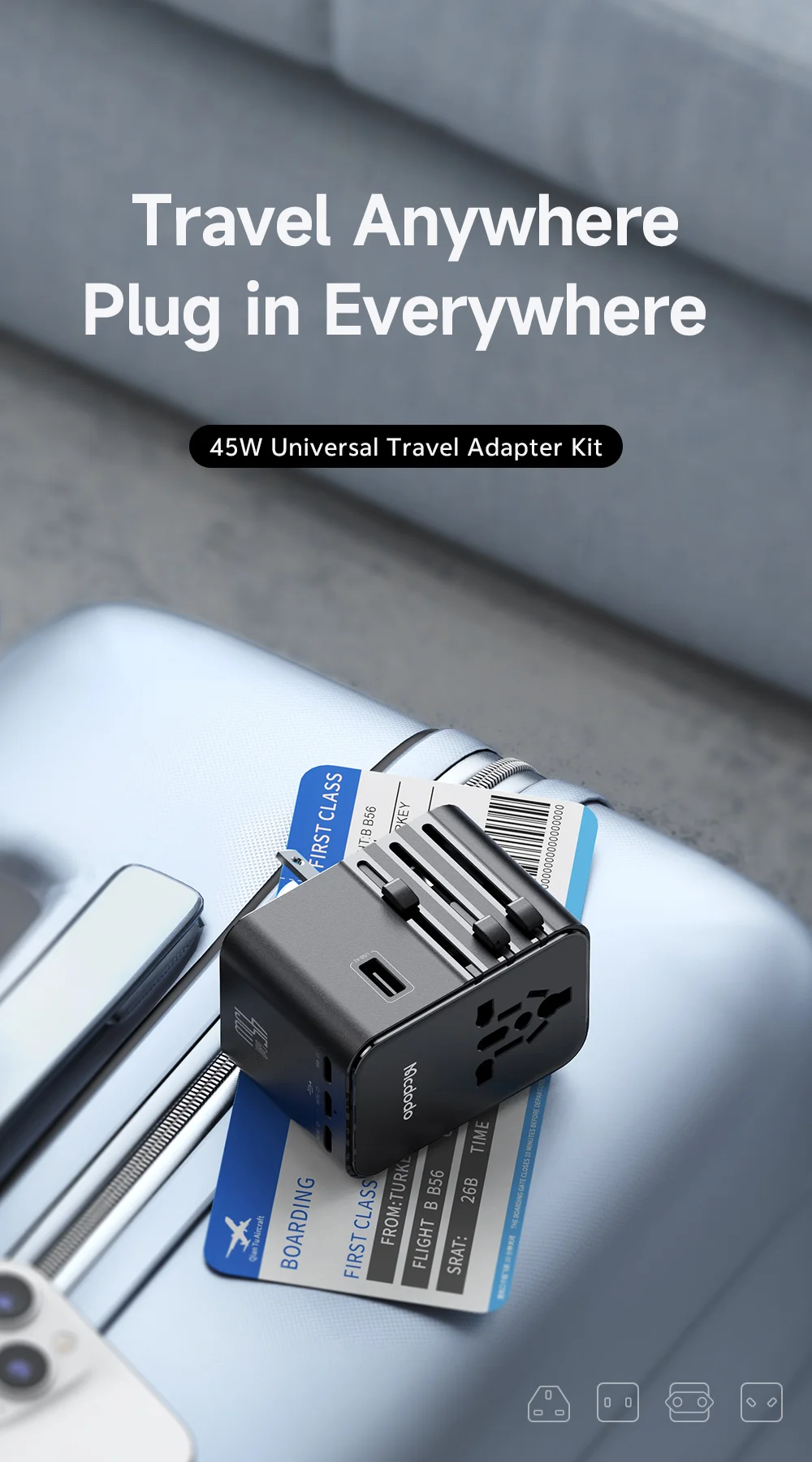 MCDODO CP-3270 MDD G5 Series 45W 3 USB-C + 2 USB-A Universal Travel Power Adapter Charger with USB-C to USB-C Cable 1