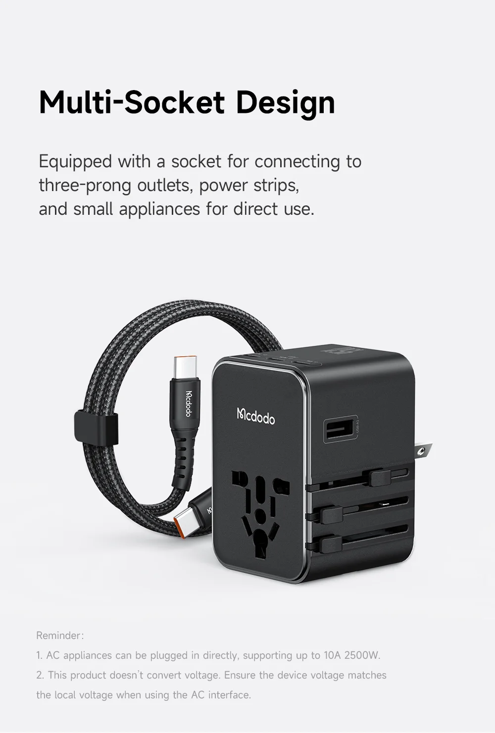 MCDODO CP-3270 MDD G5 Series 45W 3 USB-C + 2 USB-A Universal Travel Power Adapter Charger with USB-C to USB-C Cable 5