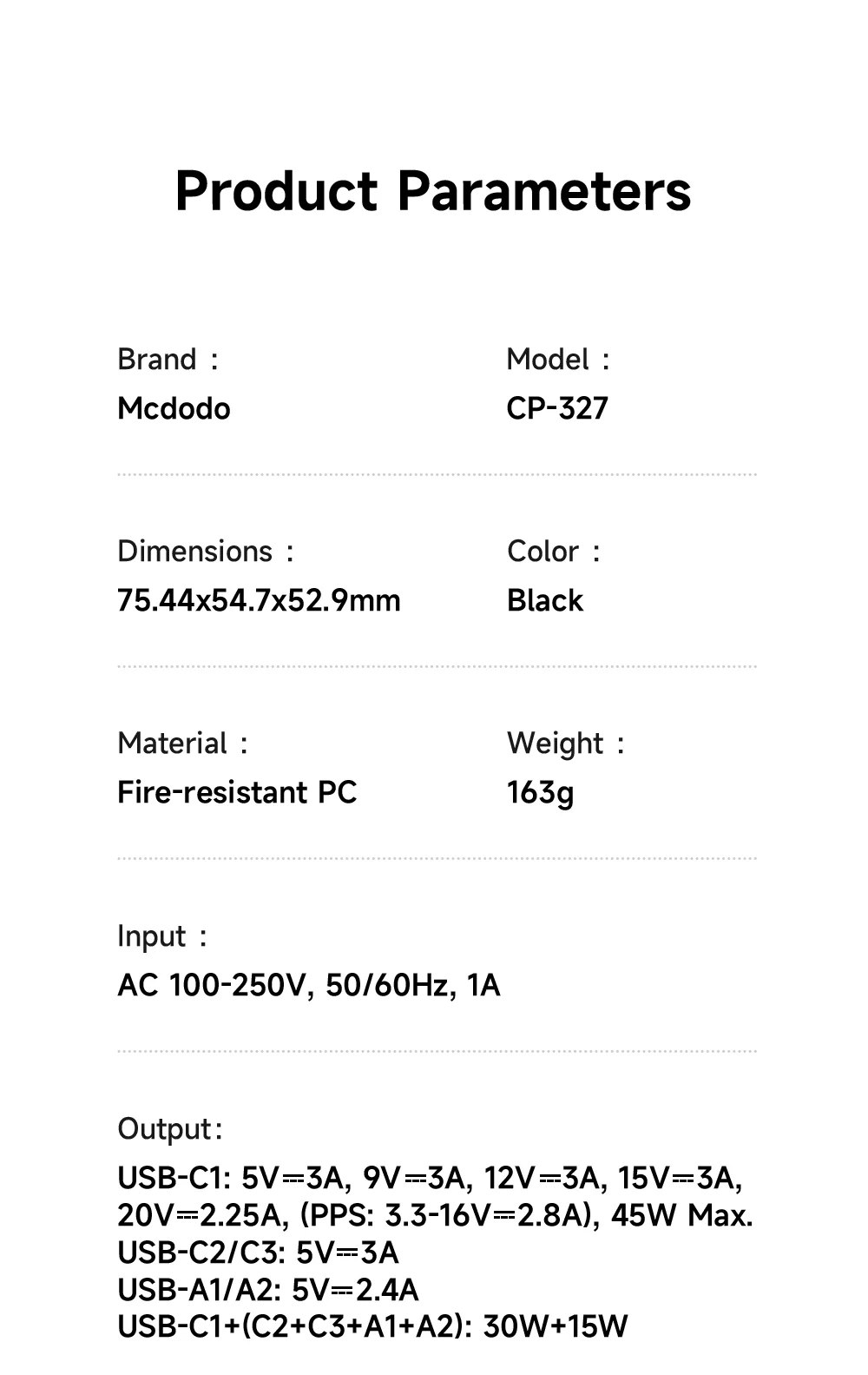 MCDODO CP-3270 MDD G5 Series 45W 3 USB-C + 2 USB-A Universal Travel Power Adapter Charger with USB-C to USB-C Cable 6