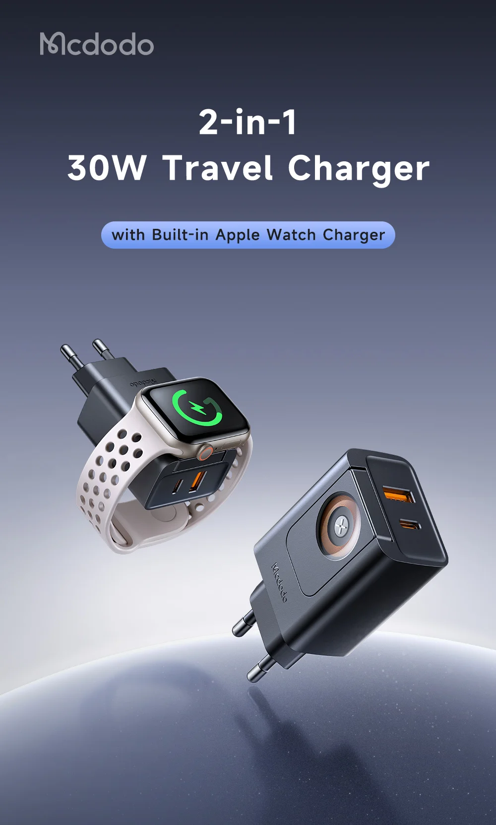 MCDODO CH-3700 2 in 1 Wireless Smart Watch + Travel Charger 30W USB-A / USB-C Fast Charging Wall Charger - EU Plug 1