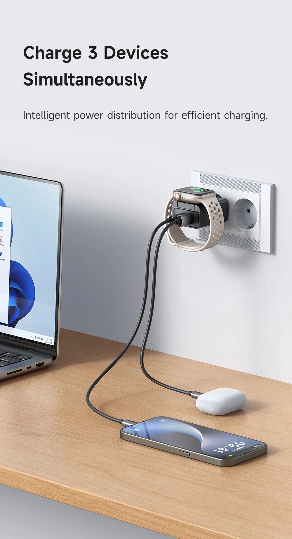 MCDODO CH-3700 2 in 1 Wireless Smart Watch + Travel Charger 30W USB-A / USB-C Fast Charging Wall Charger - EU Plug 6