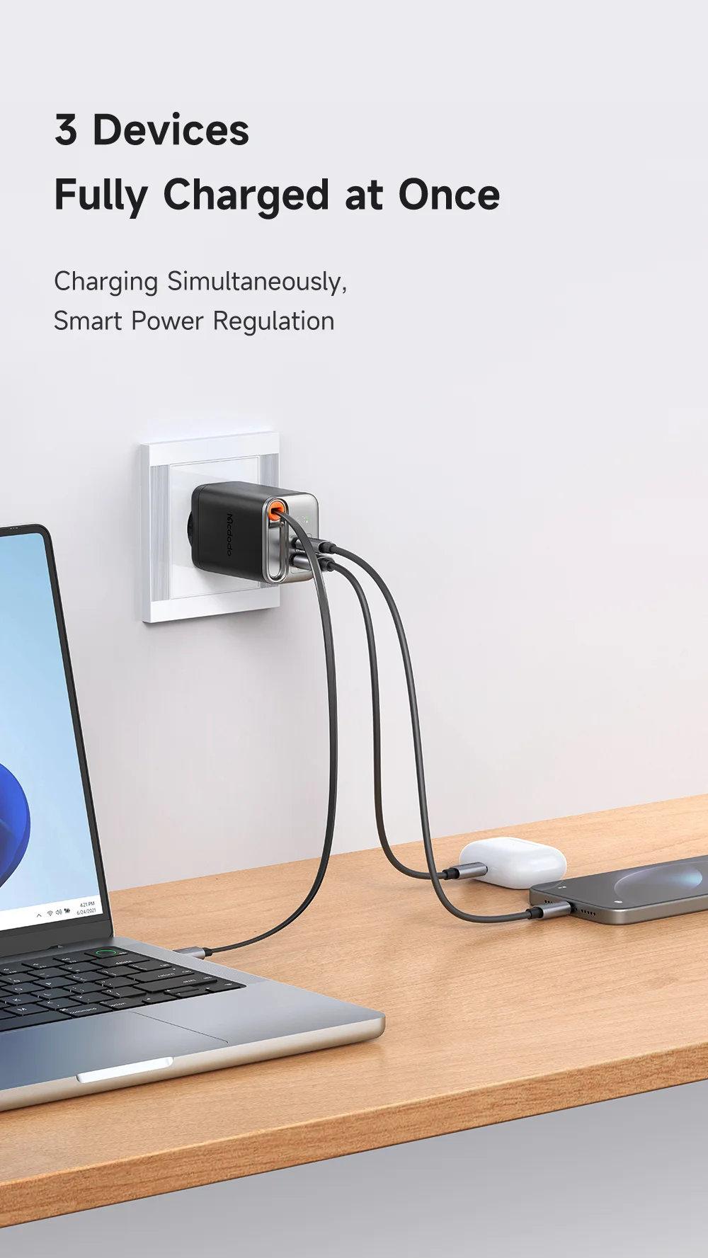 MCDODO CH-4100 GaN Fast Charger 67W USB-C / USB-A Power Adapter with Retractable Cable for Multiple Devices - EU Plug 11