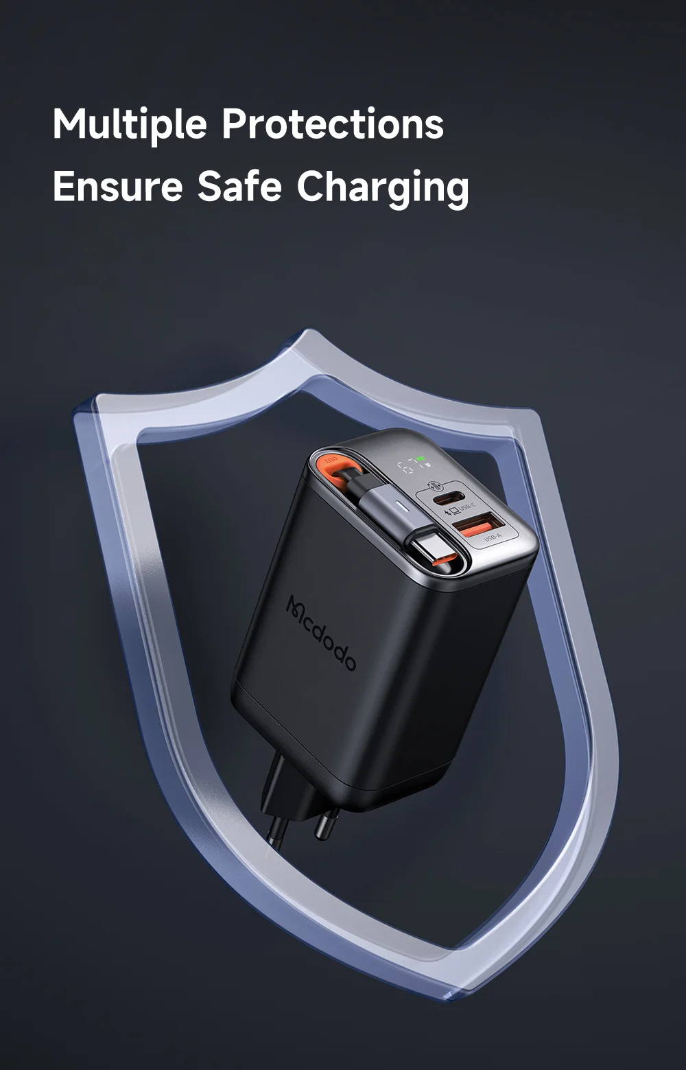 MCDODO CH-4100 GaN Fast Charger 67W USB-C / USB-A Power Adapter with Retractable Cable for Multiple Devices - EU Plug 14