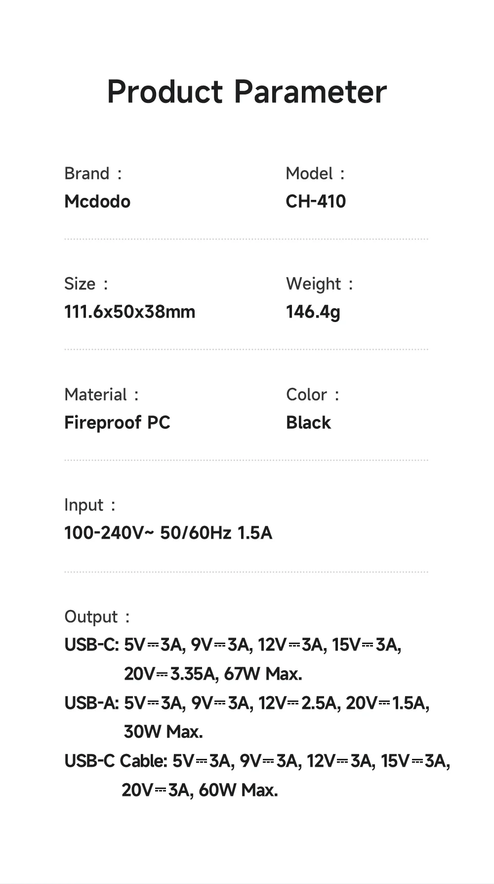 MCDODO CH-4100 GaN Fast Charger 67W USB-C / USB-A Power Adapter with Retractable Cable for Multiple Devices - EU Plug 19