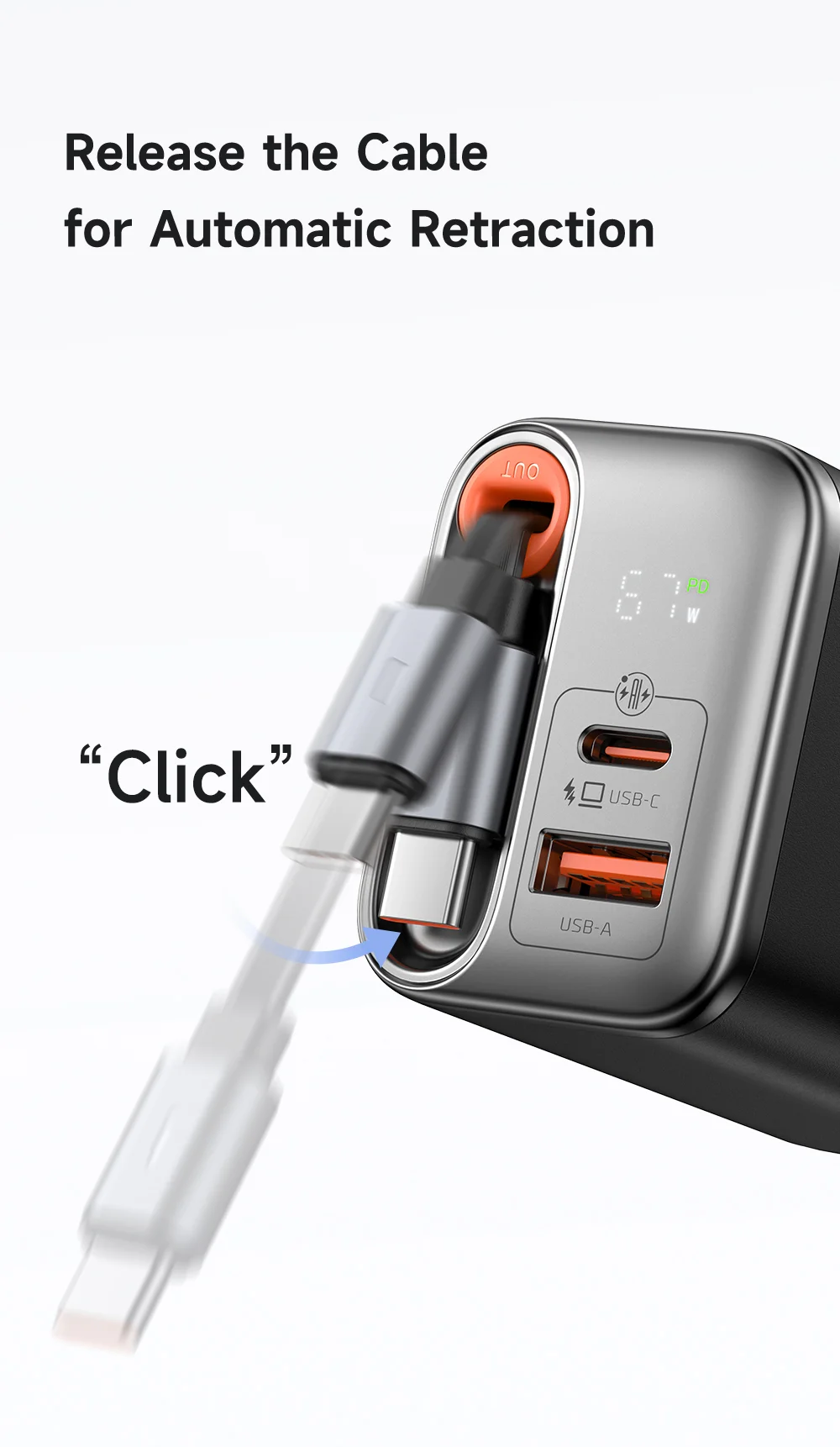 MCDODO CH-4100 GaN Fast Charger 67W USB-C / USB-A Power Adapter with Retractable Cable for Multiple Devices - EU Plug 7