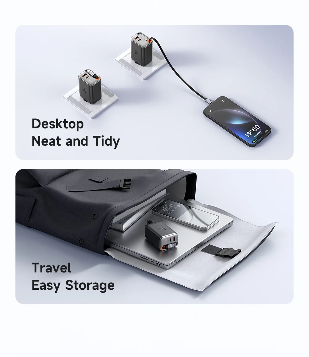 MCDODO CH-4100 GaN Fast Charger 67W USB-C / USB-A Power Adapter with Retractable Cable for Multiple Devices - EU Plug 8