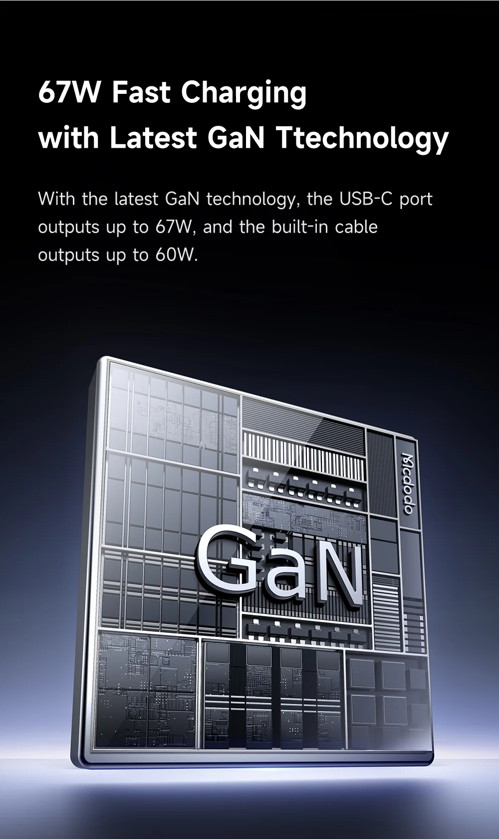 MCDODO CH-4100 GaN Fast Charger 67W USB-C / USB-A Power Adapter with Retractable Cable for Multiple Devices - EU Plug 9