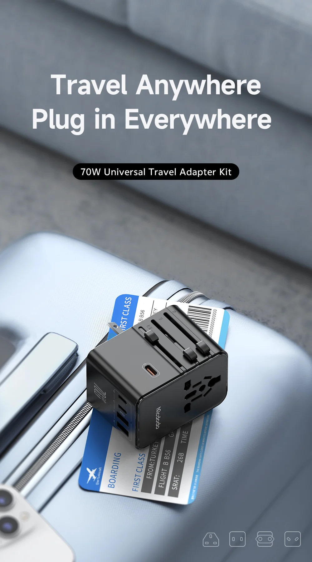 MCDODO CP-5980 MDD G5 Series 70W Global Wall Charger 3 USB-C + 2 USB-A Universal Travel Adapter Charger Set with Type-C Cable 1