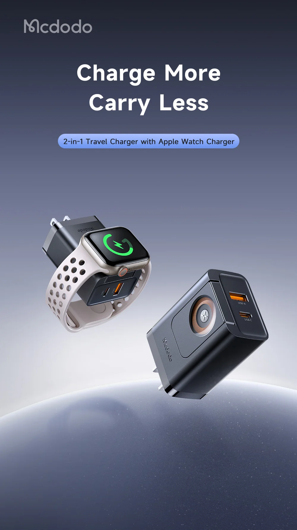 MCDODO CH-5040 MDD 2 in 1 Wall Charger with Watch Wireless Charging Portable Travel Charger 30W USB-A / USB-C - US Plug 1