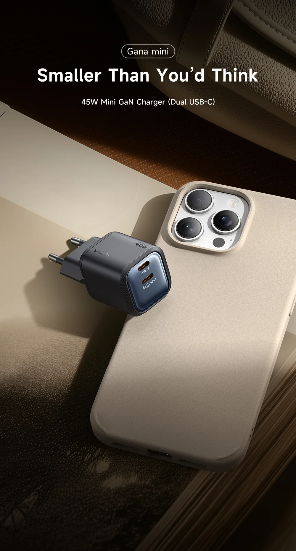 MCDODO CH-100 EU Plug 45W Ultimate Mini GaN Charger Dual USB C Fast Charging Power Adapter - Black 1