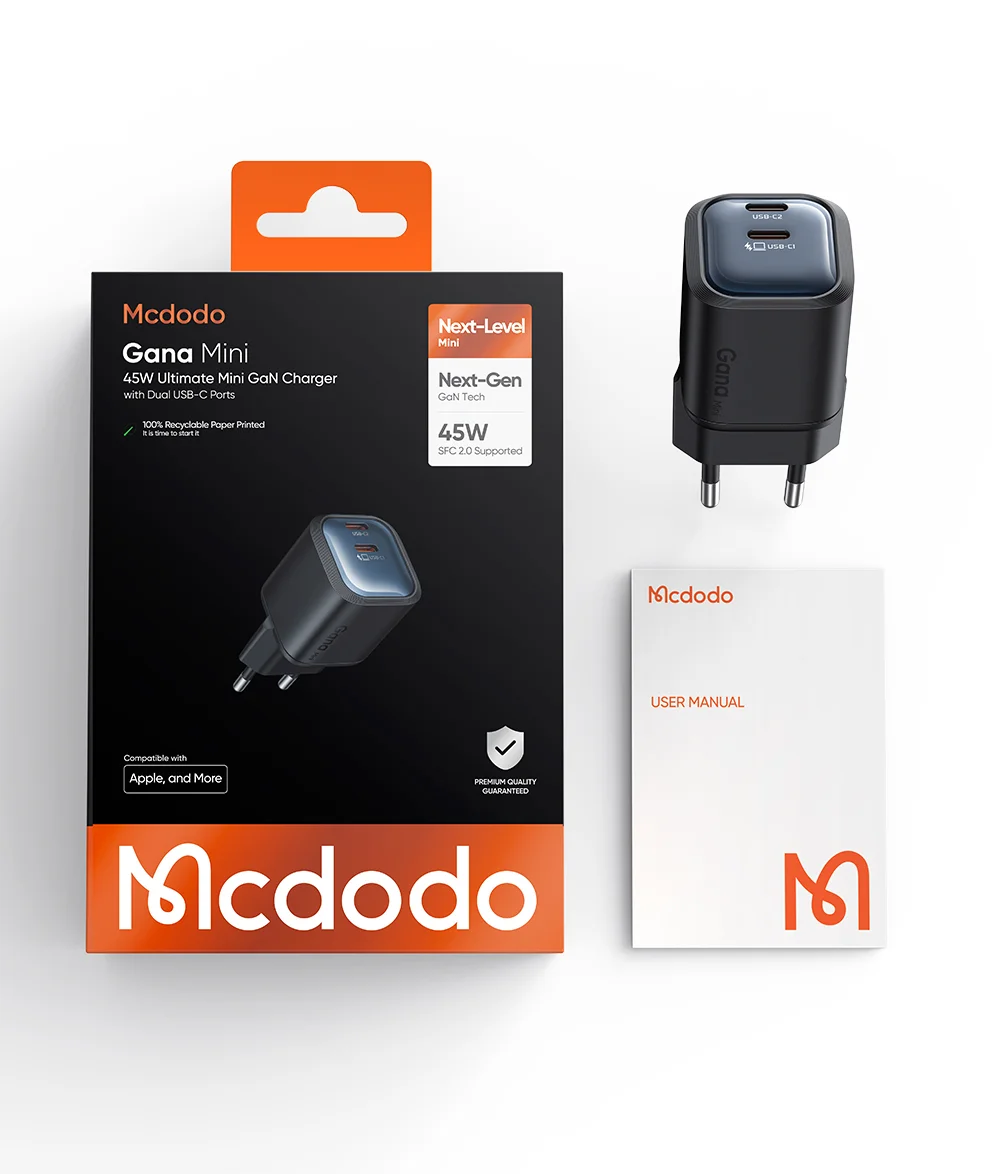 MCDODO CH-100 EU Plug 45W Ultimate Mini GaN Charger Dual USB C Fast Charging Power Adapter - Black 11