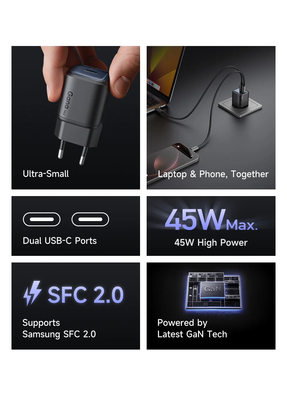 MCDODO CH-100 EU Plug 45W Ultimate Mini GaN Charger Dual USB C Fast Charging Power Adapter - Black 2