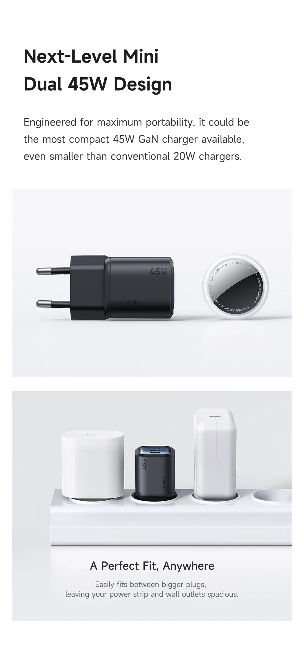 MCDODO CH-100 EU Plug 45W Ultimate Mini GaN Charger Dual USB C Fast Charging Power Adapter - Black 3