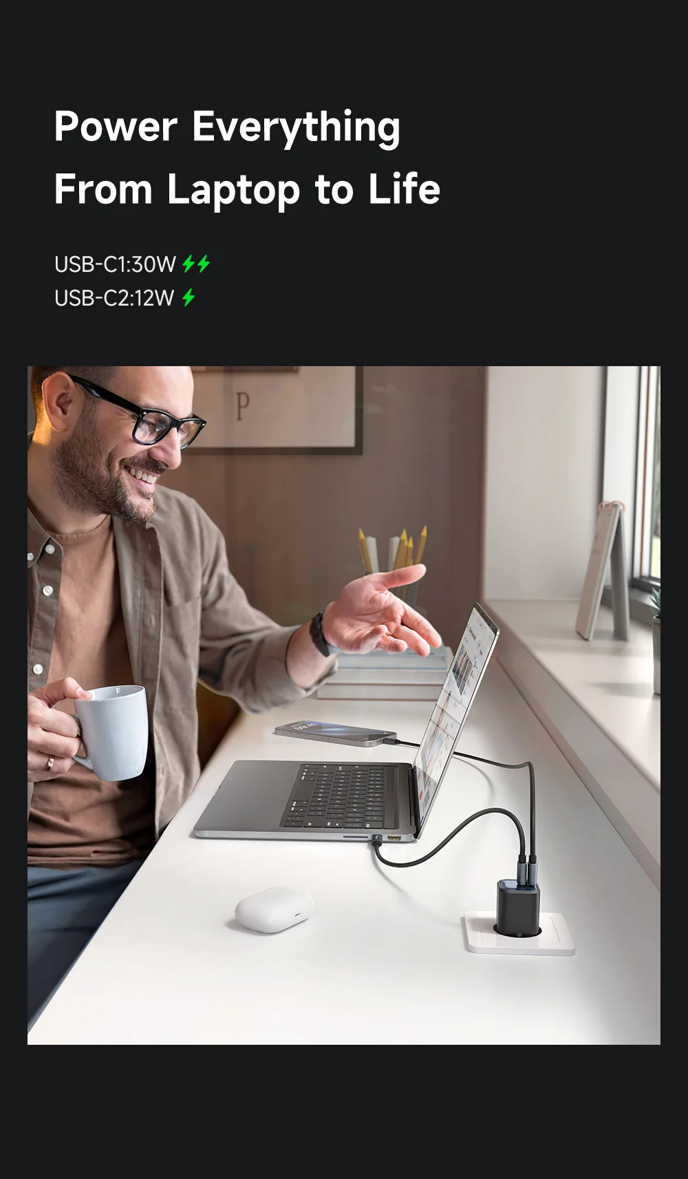 MCDODO CH-100 EU Plug 45W Ultimate Mini GaN Charger Dual USB C Fast Charging Power Adapter - Black 6