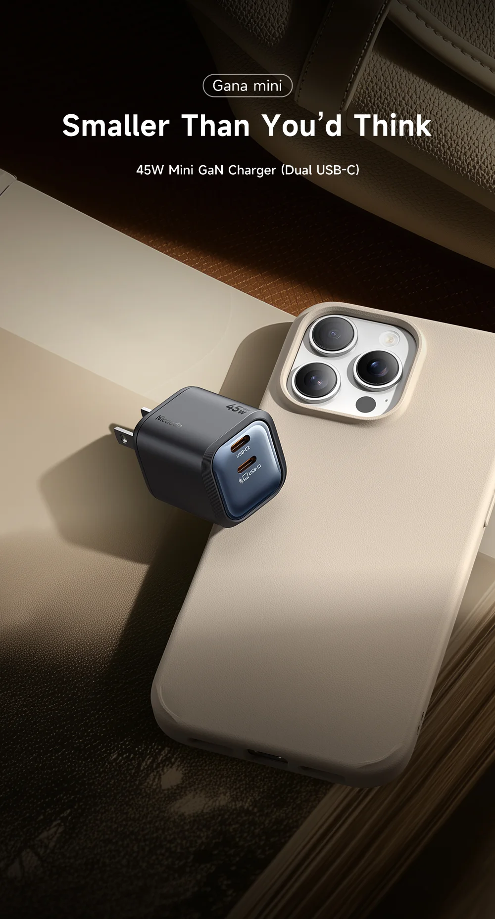 MCDODO CH-102 US Plug 45W Ultimate Mini GaN Charger Dual USB C Fast Charging Power Adapter - Black 1