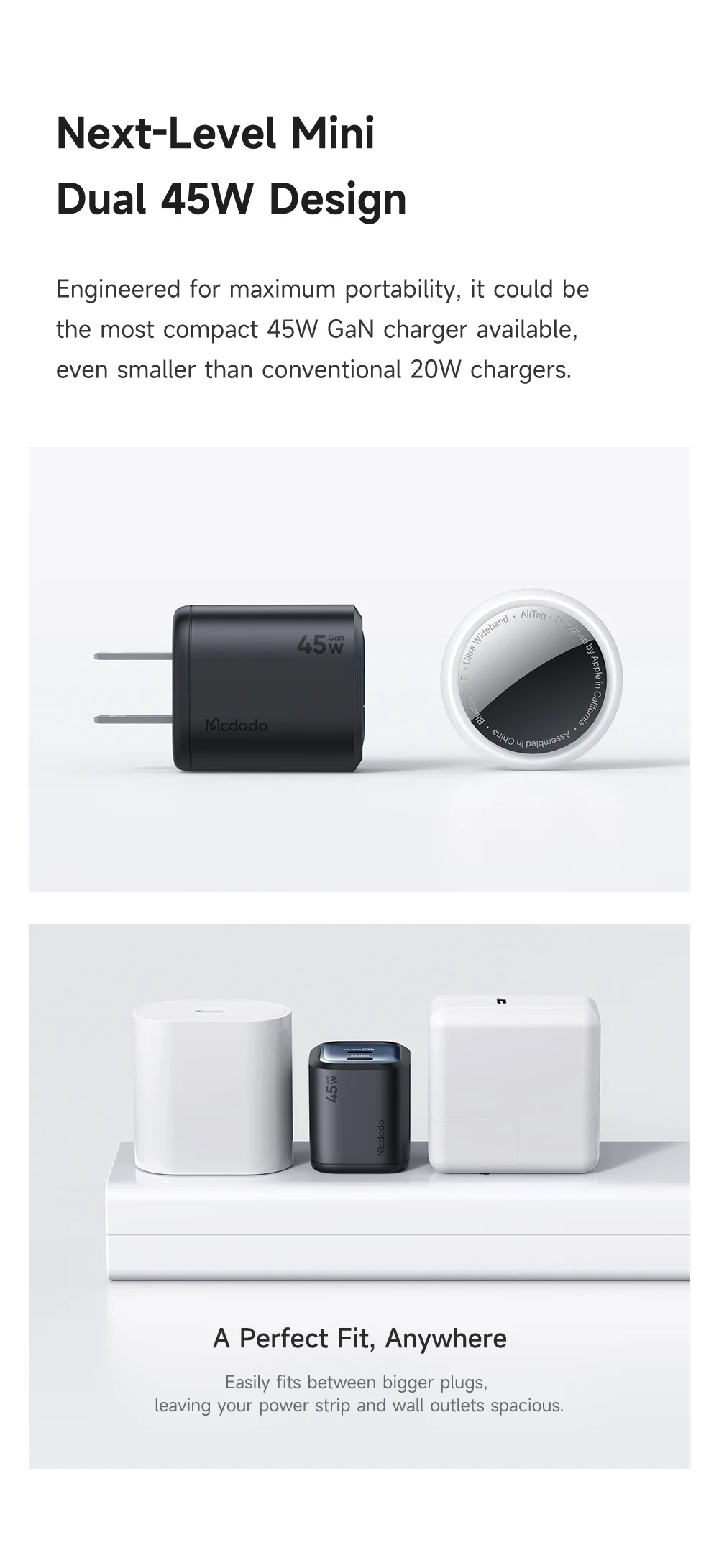 MCDODO CH-102 US Plug 45W Ultimate Mini GaN Charger Dual USB C Fast Charging Power Adapter - Black 3