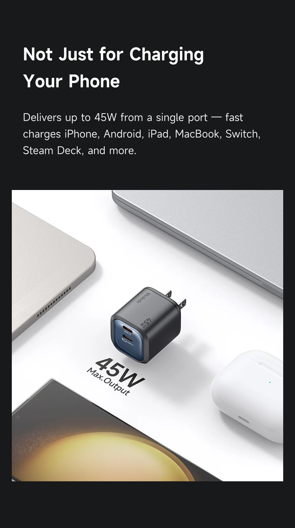MCDODO CH-102 US Plug 45W Ultimate Mini GaN Charger Dual USB C Fast Charging Power Adapter - Black 4