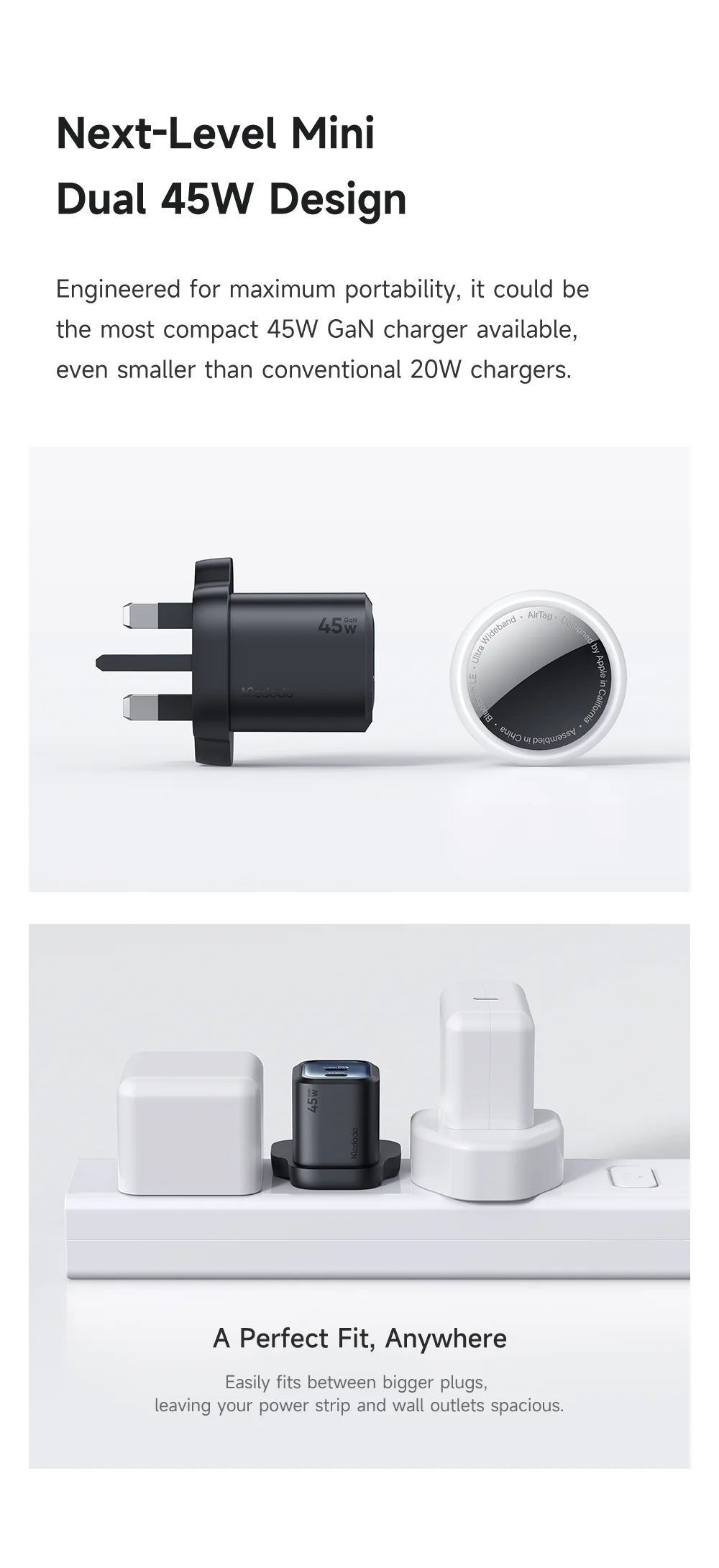 MCDODO CH-099 UK Plug 45W Ultimate Mini GaN Charger Dual USB C Fast Charging Power Adapter - White 3